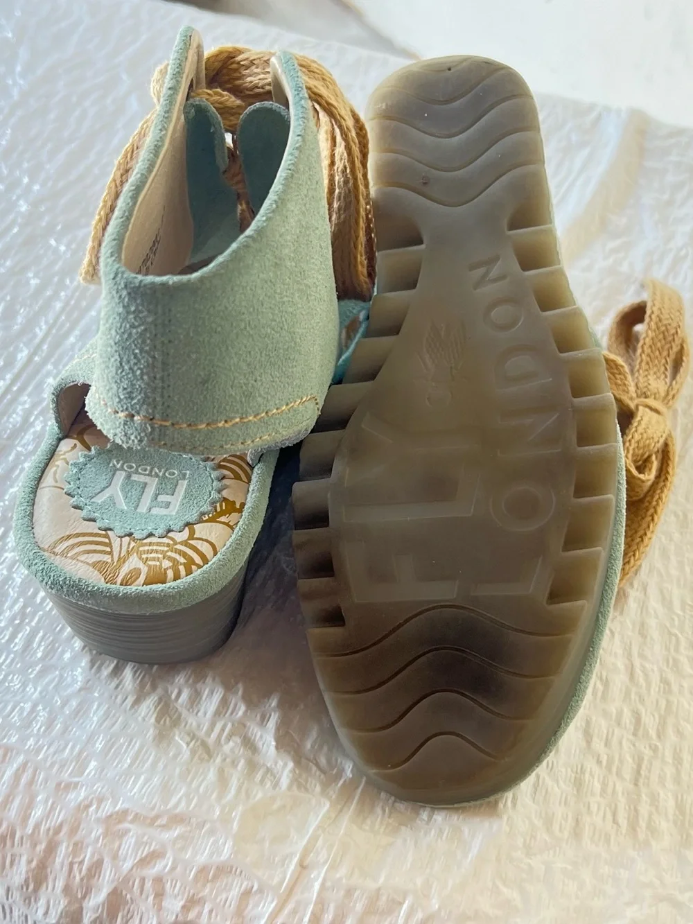 Fly London Mint Green Suede Lace-Up Wedge Sandal